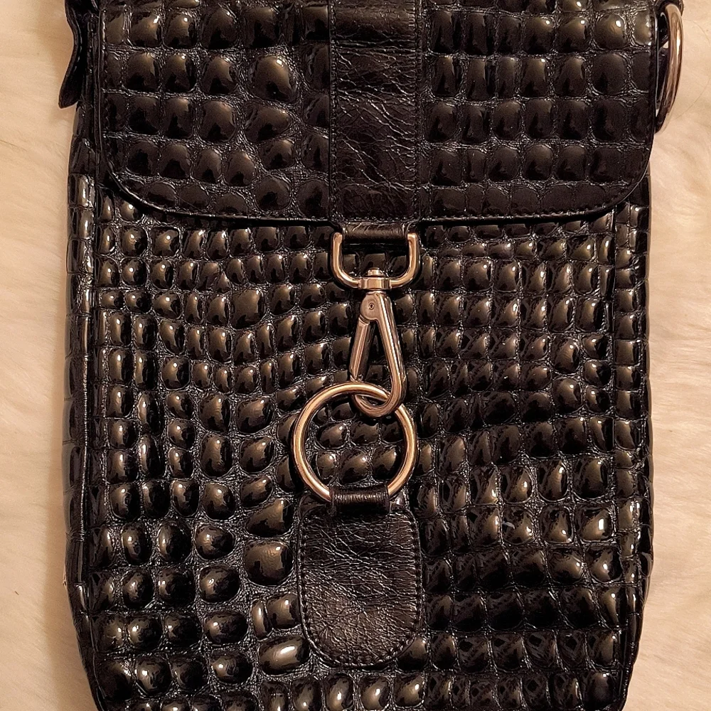 THE TREND Crossbody Bag Purse Croc Embossed black Leather ITALY. - Picture 3 of 11